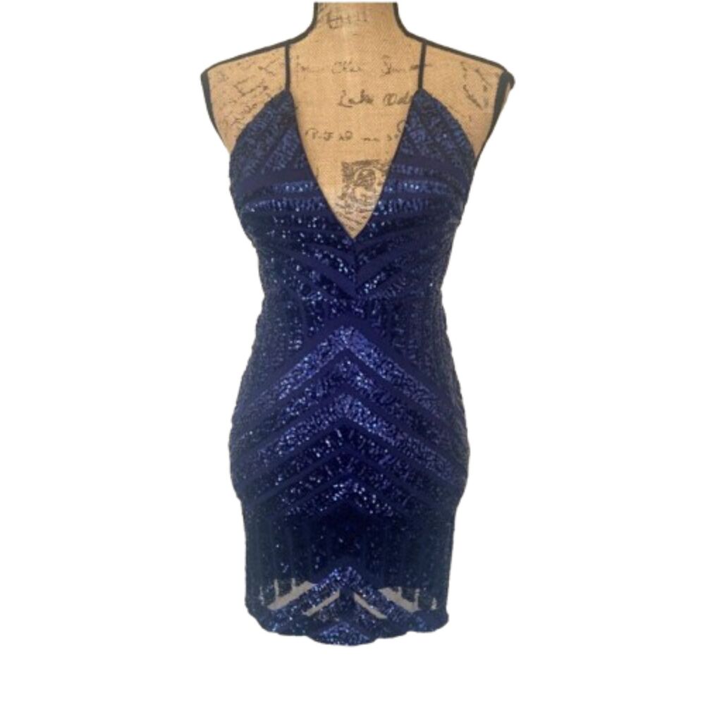 PromGirl Sequin Lace Up Back Mini Dress Semiformal‎ Plunge Navy Blue Size Small